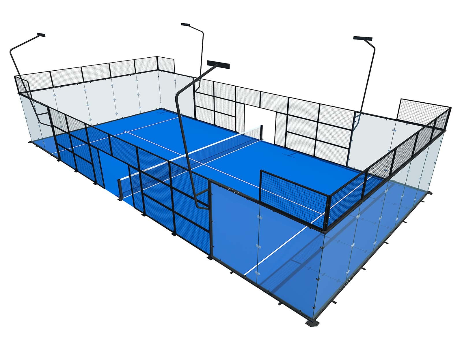 3D isometric render of a standard enclosed padel court — glass and mesh walls, a net across the centre, and a blue playing surface with the service lines marked.